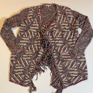 Lucky Brand SZ Small Aztec Boho Fringed Waterfall Knit open Cardigan Sweater D36